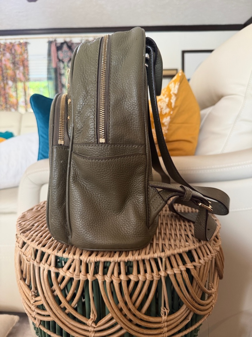 Michael Kors Olive Green Leather Studded Backpack - Picture 2 of 11